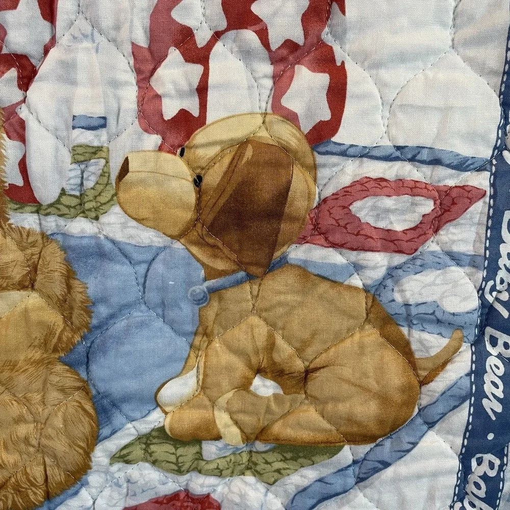 Baby Blanket Quilt Blue White Green Bear Giraffe Toy Satin VTG Cottage Farm Boho